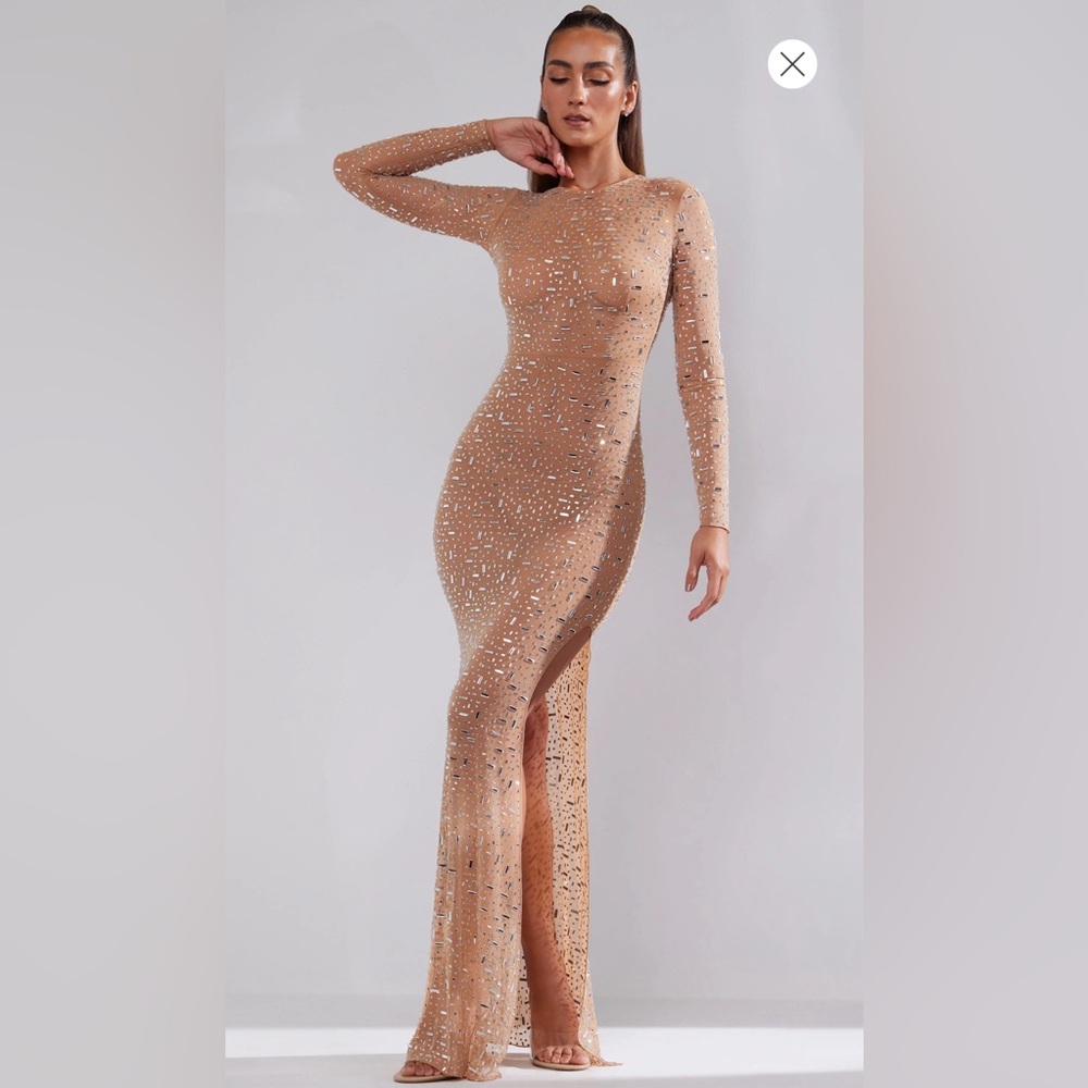 Oh Polly Portia Sheer Embellished Long Sleeve Evening Gown in Almond